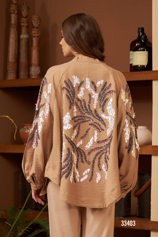 Tan Full Back Multi Sequin Design Kimono & Ankle Grazer Co-Ord Set