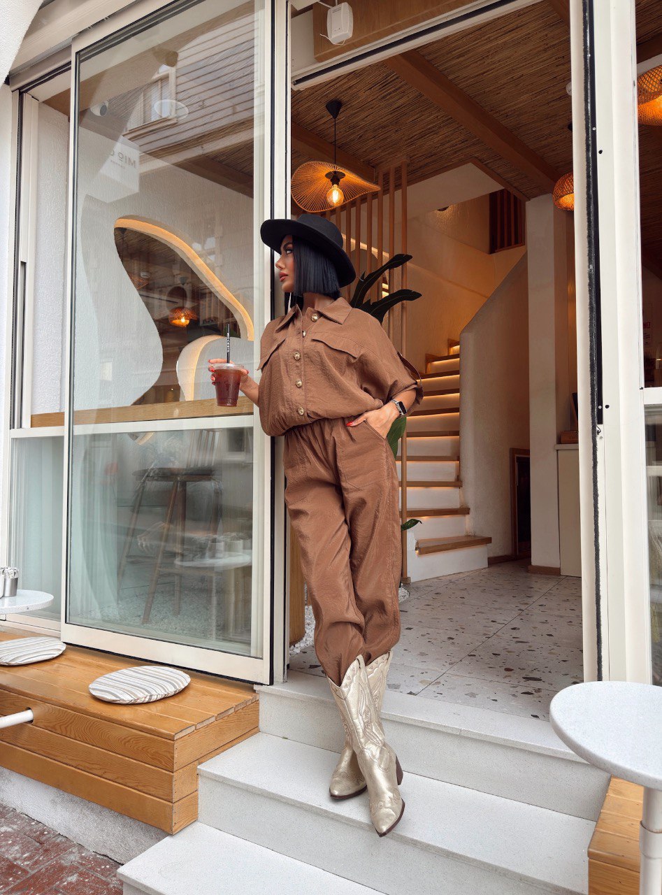 Trendy Chic Sporty Co-Ord Set with Gold Button Detailing Brown