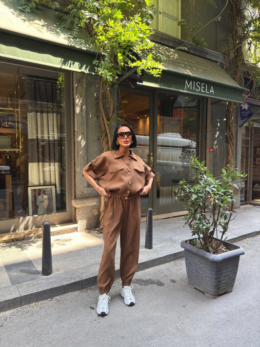 Trendy Chic Sporty Co-Ord Set with Gold Button Detailing Brown