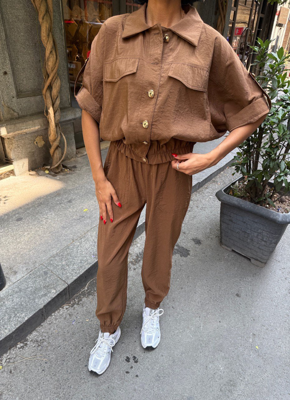 Trendy Chic Sporty Co-Ord Set with Gold Button Detailing Brown