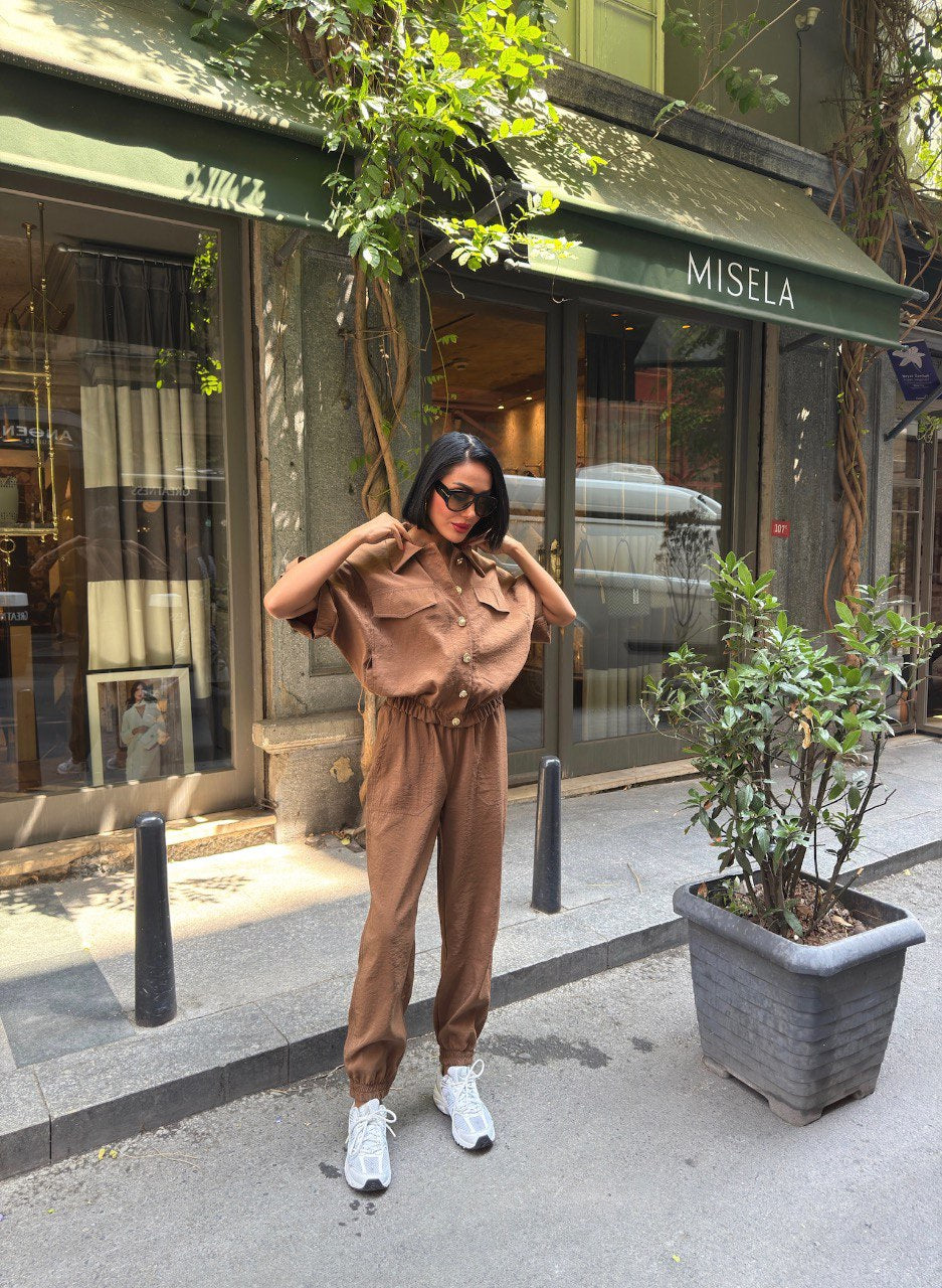 Trendy Chic Sporty Co-Ord Set with Gold Button Detailing Brown