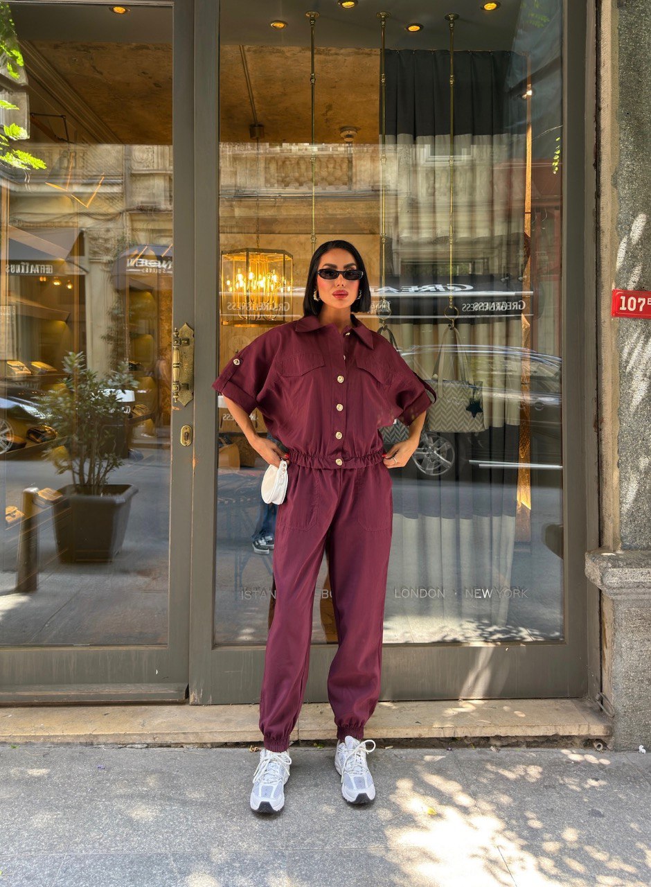 Trendy Chic Sporty Co-Ord Set with Gold Button Detailing Burgundy