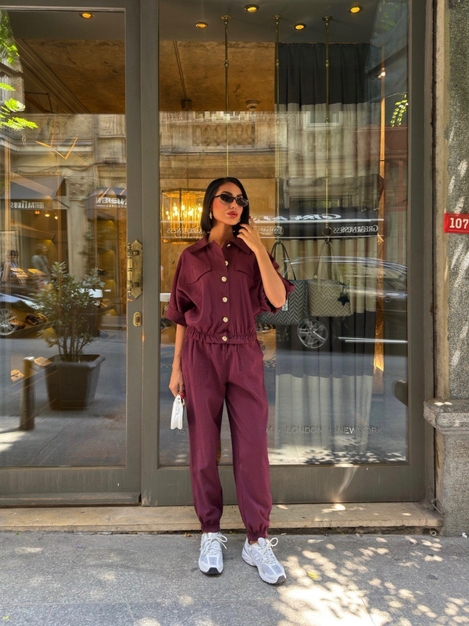 Trendy Chic Sporty Co-Ord Set with Gold Button Detailing Burgundy