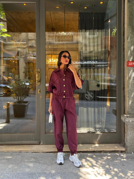 Trendy Chic Sporty Co-Ord Set with Gold Button Detailing Burgundy