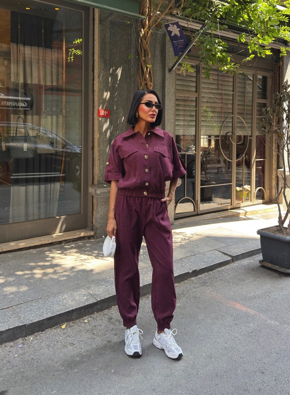 Trendy Chic Sporty Co-Ord Set with Gold Button Detailing Burgundy