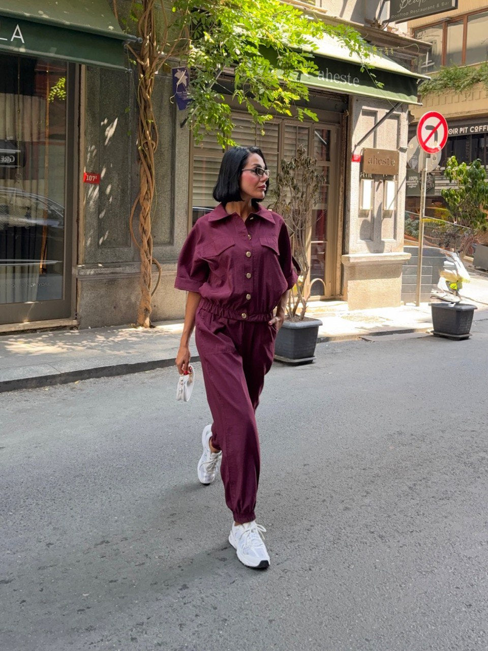 Trendy Chic Sporty Co-Ord Set with Gold Button Detailing Burgundy