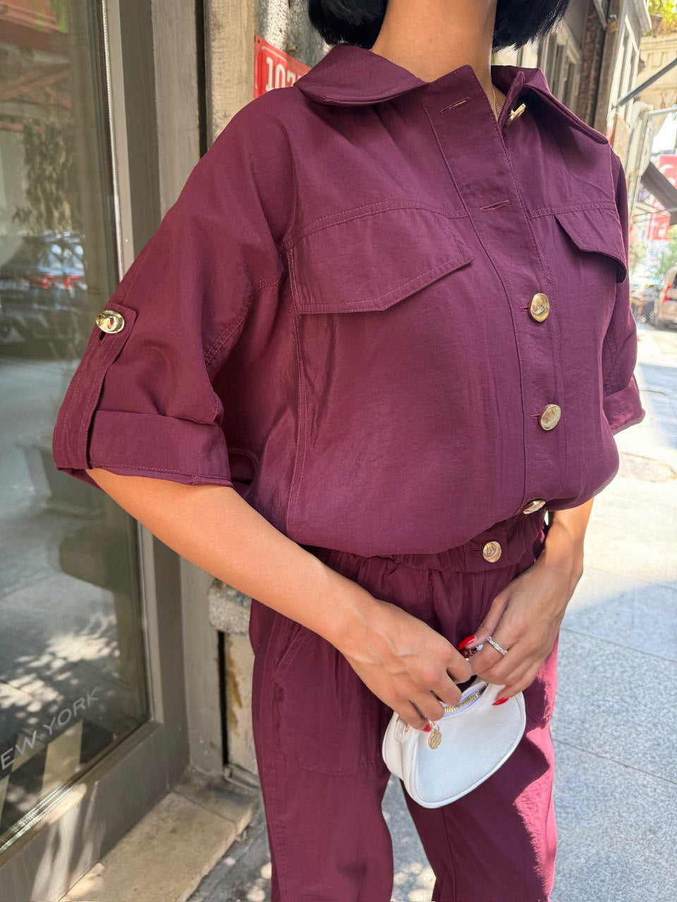 Trendy Chic Sporty Co-Ord Set with Gold Button Detailing Burgundy