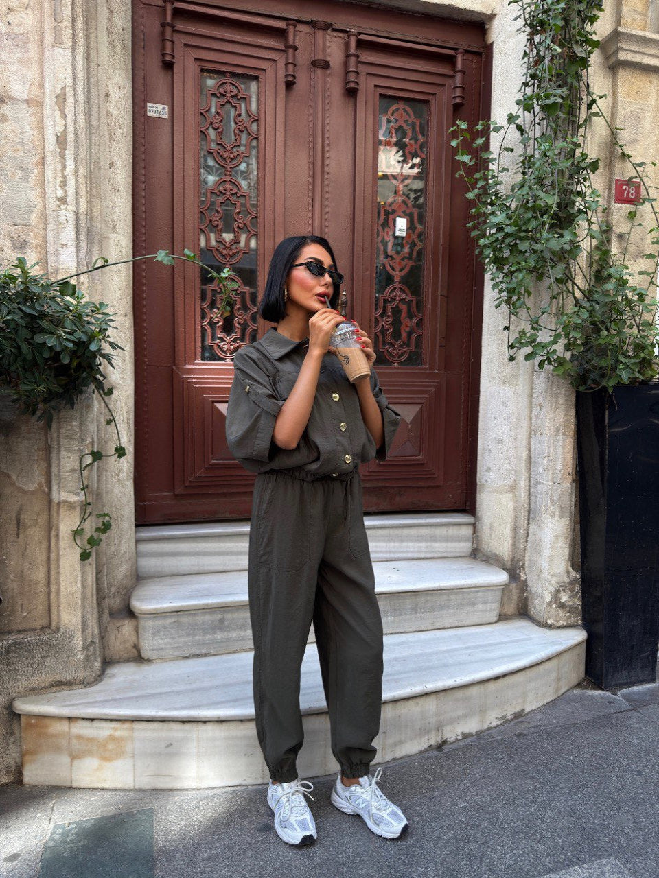 Trendy Chic Sporty Co-Ord Set with Gold Button Detailing Khaki