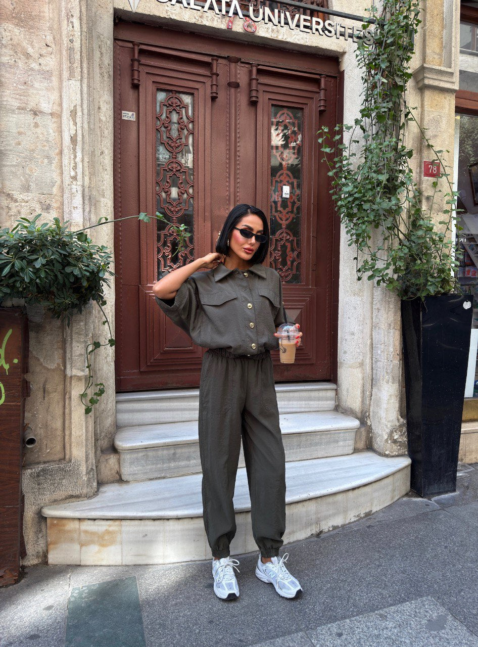 Trendy Chic Sporty Co-Ord Set with Gold Button Detailing Khaki