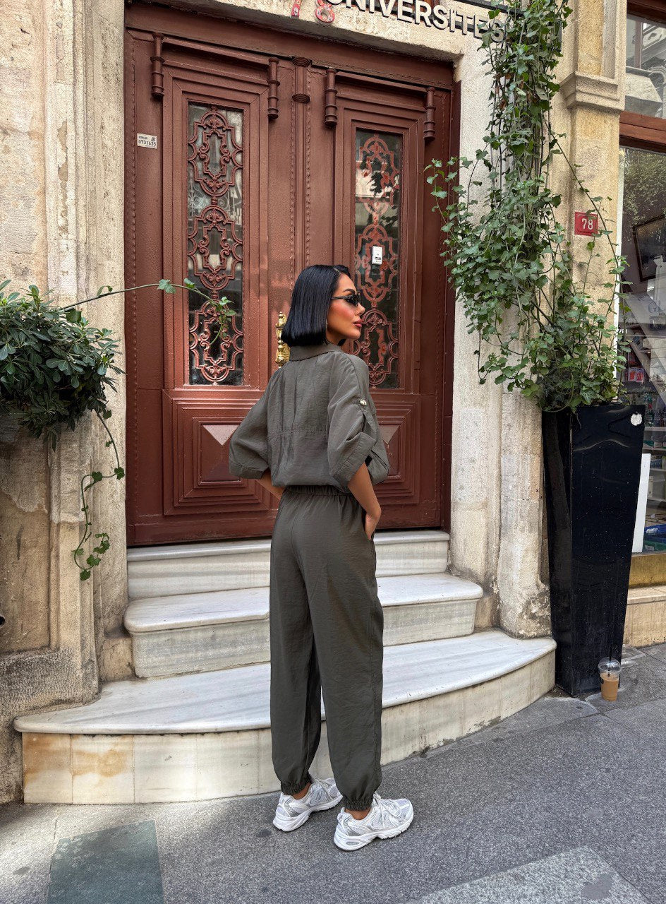 Trendy Chic Sporty Co-Ord Set with Gold Button Detailing Khaki