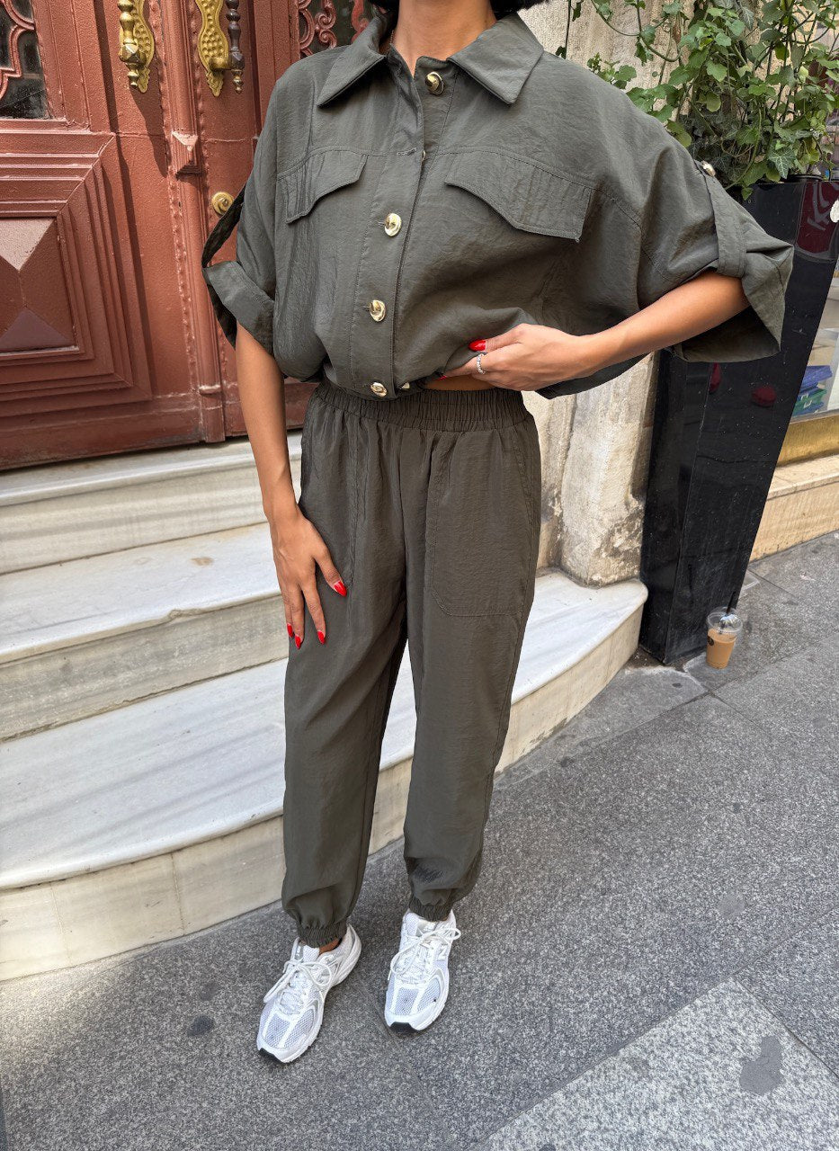 Trendy Chic Sporty Co-Ord Set with Gold Button Detailing Khaki