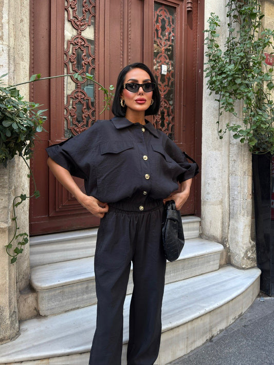 Trendy Chic Sporty Co-Ord Set with Gold Button Detailing Black