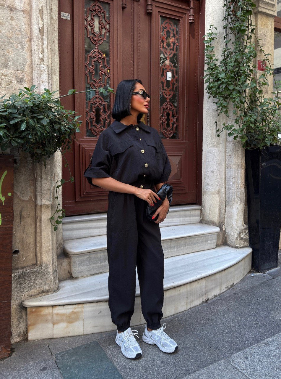 Trendy Chic Sporty Co-Ord Set with Gold Button Detailing Black