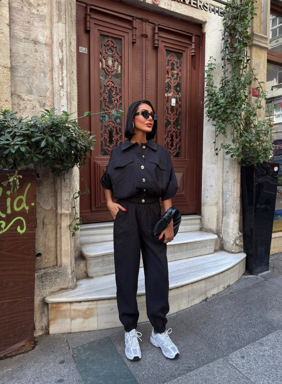 Trendy Chic Sporty Co-Ord Set with Gold Button Detailing Black