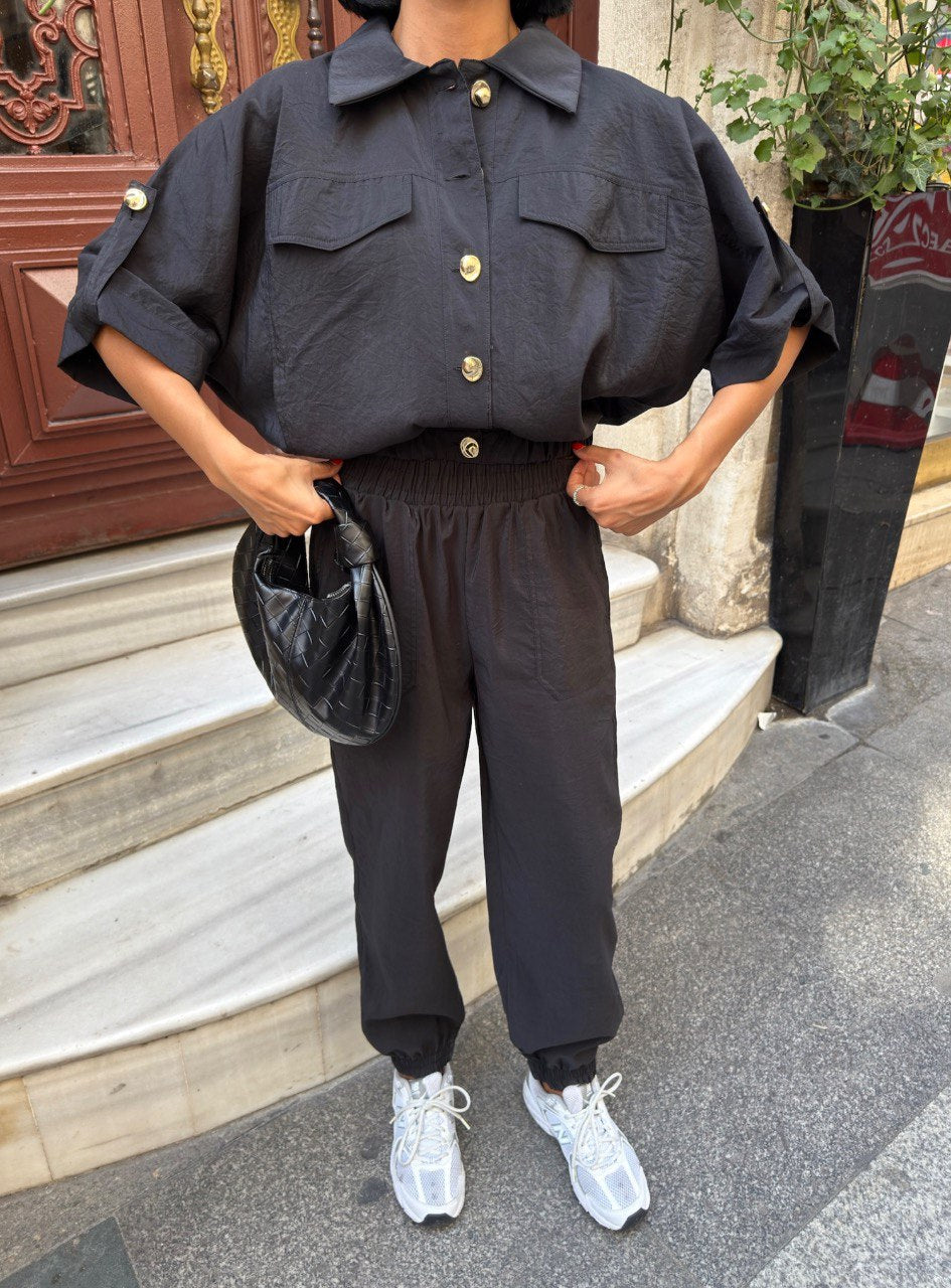 Trendy Chic Sporty Co-Ord Set with Gold Button Detailing Black