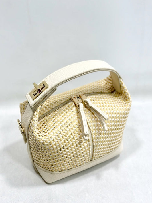 Cream Leather & Woven Straw Structured Bag with Detachable Strap