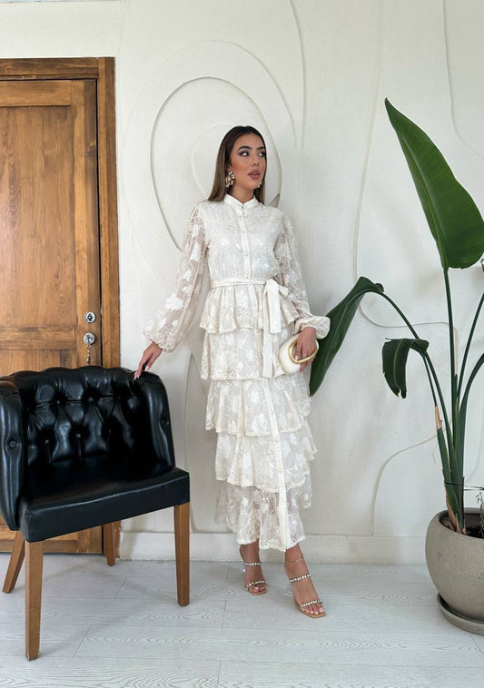 Embroidered Layered Frill Dress Cream