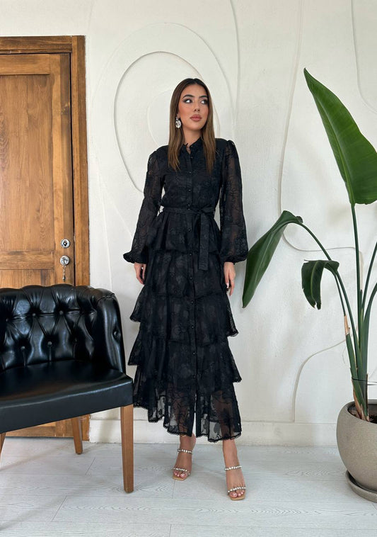 Embroidered Layered Frill Dress Black