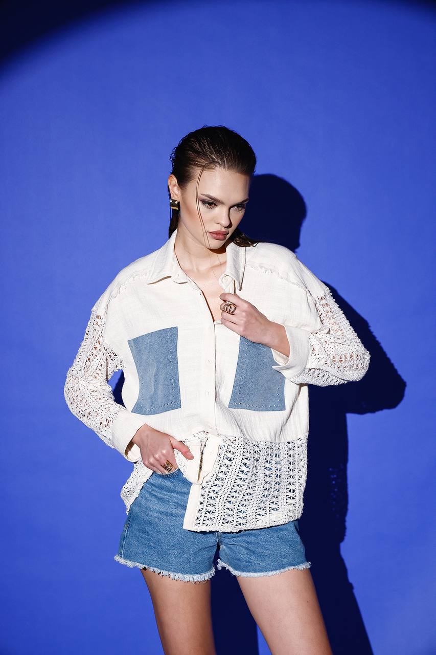 Oversized Crochet Detail Top Only Denim Detail (Pants Sold Seperately)