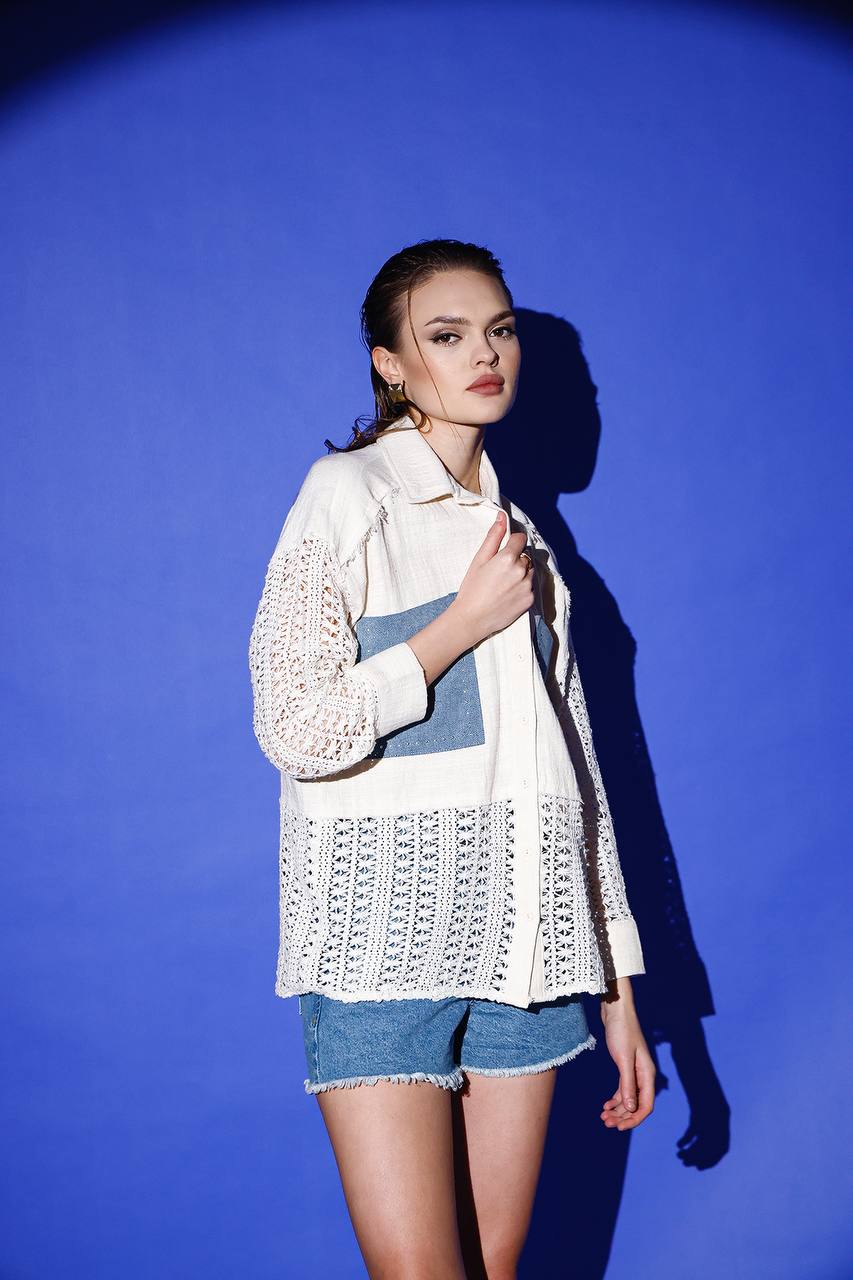 Oversized Crochet Detail Top Only Denim Detail (Pants Sold Seperately)