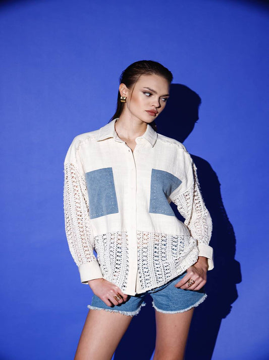 Oversized Crochet Detail Top Only Denim Detail (Pants Sold Seperately)