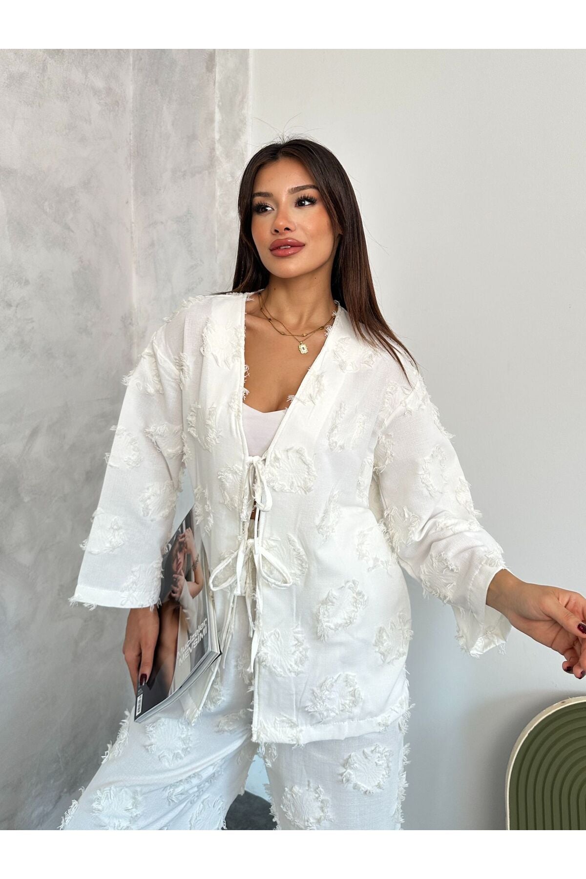 Textured White Tie Up Set