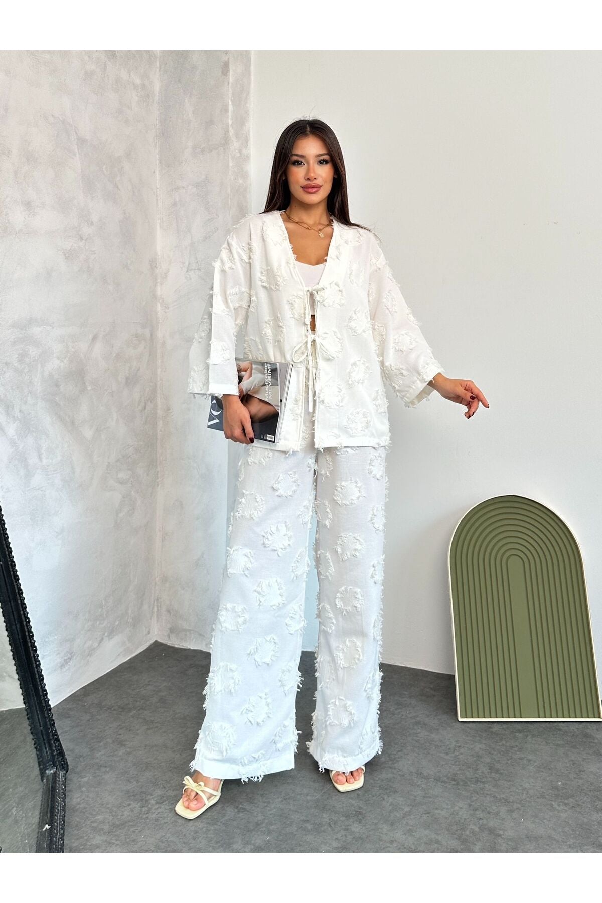 Textured White Tie Up Set