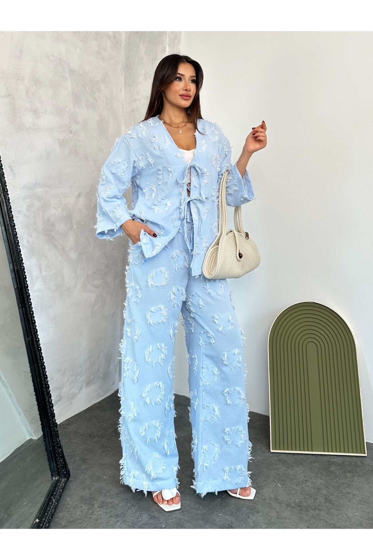 Textured Blue Tie Up Set