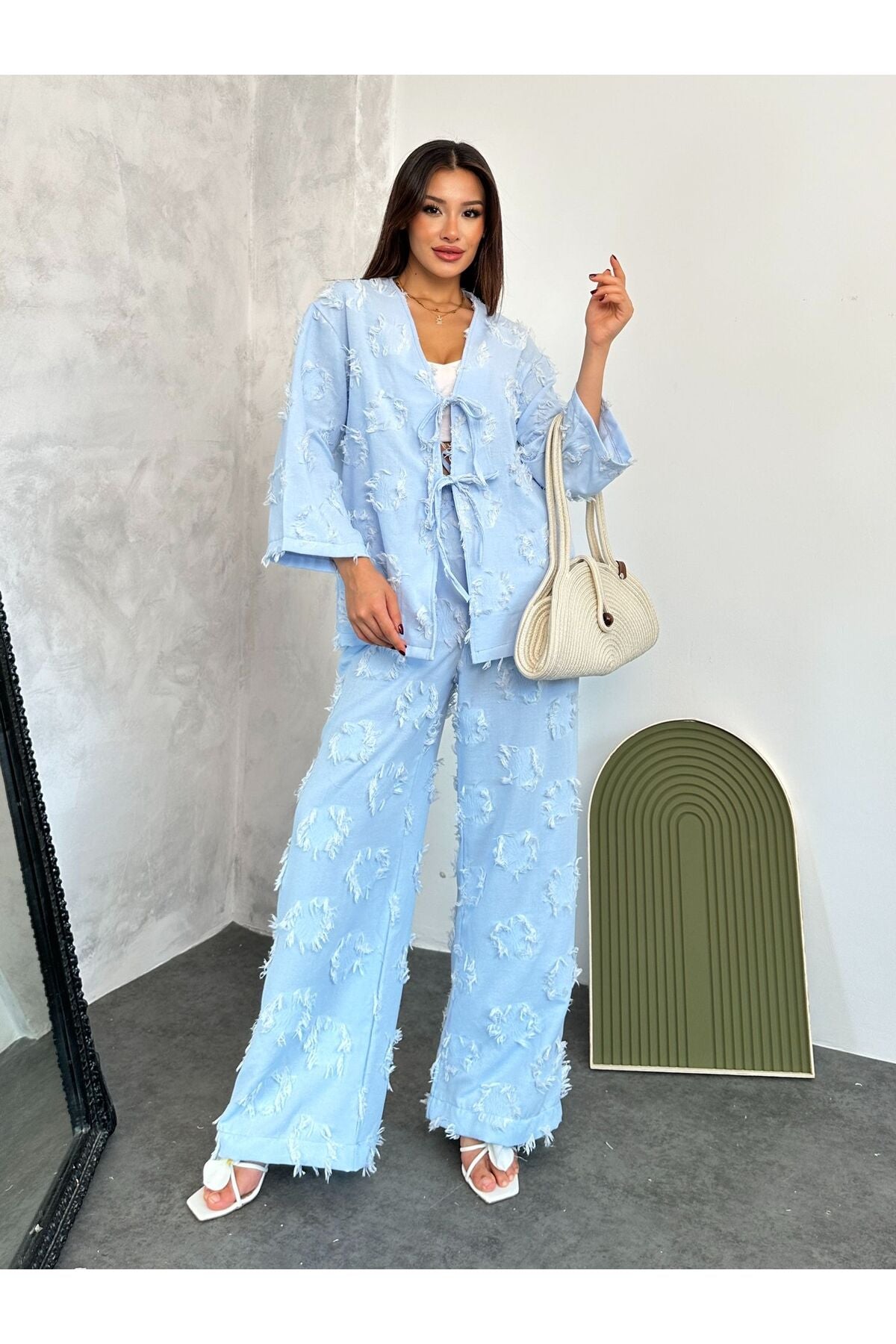 Textured Blue Tie Up Set