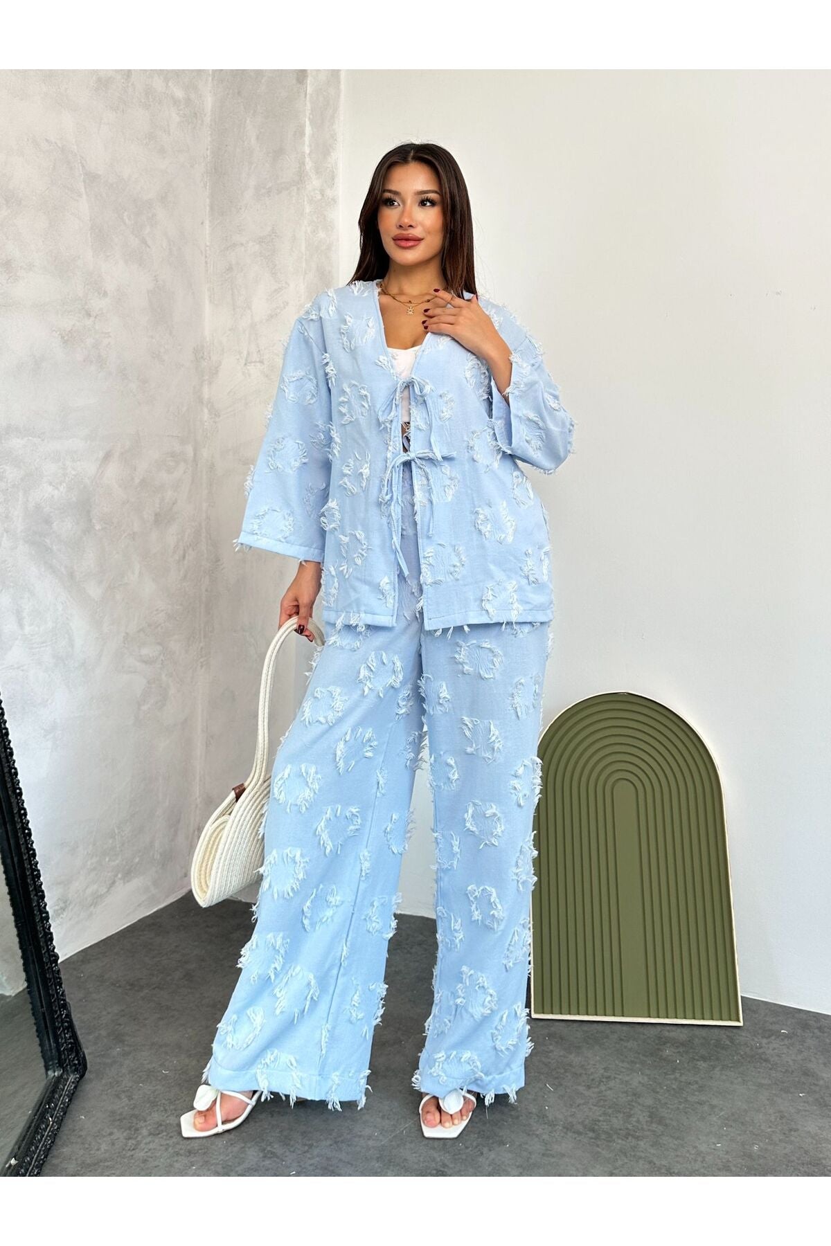 Textured Blue Tie Up Set