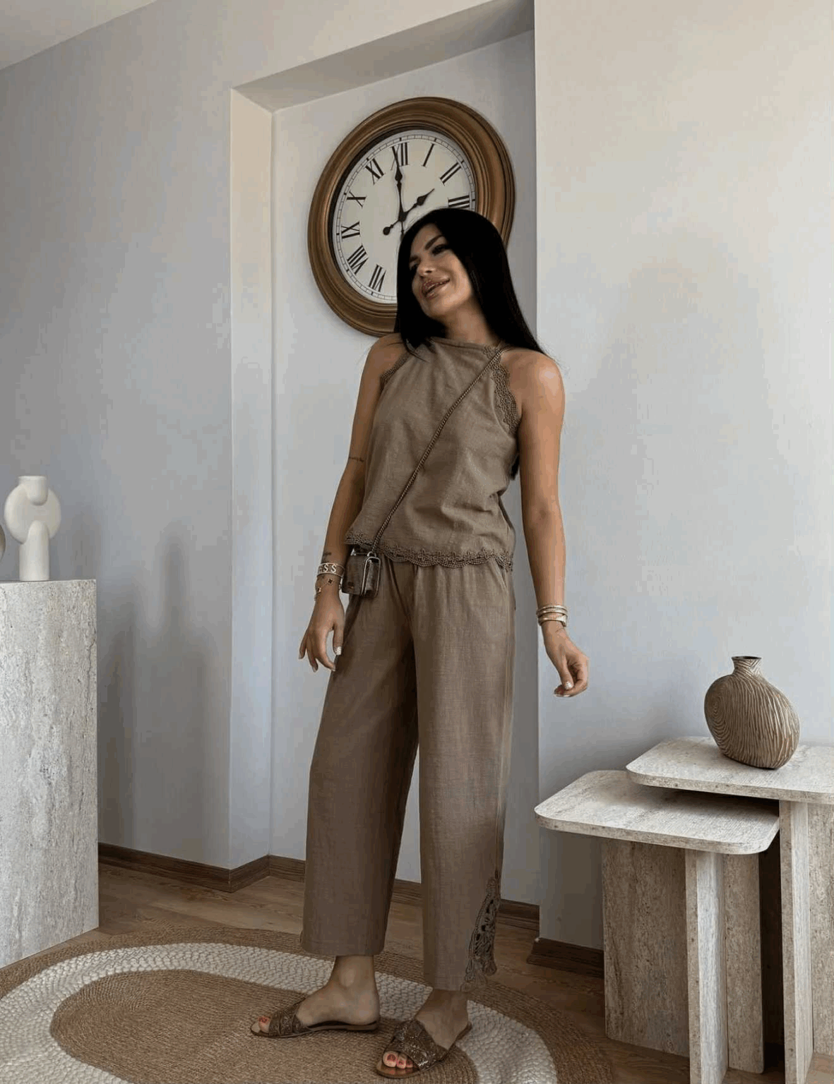 Linen-Style Lace Trim Co-Ord Set – Sleeveless Tie Blouse & Elastic Pants Brown