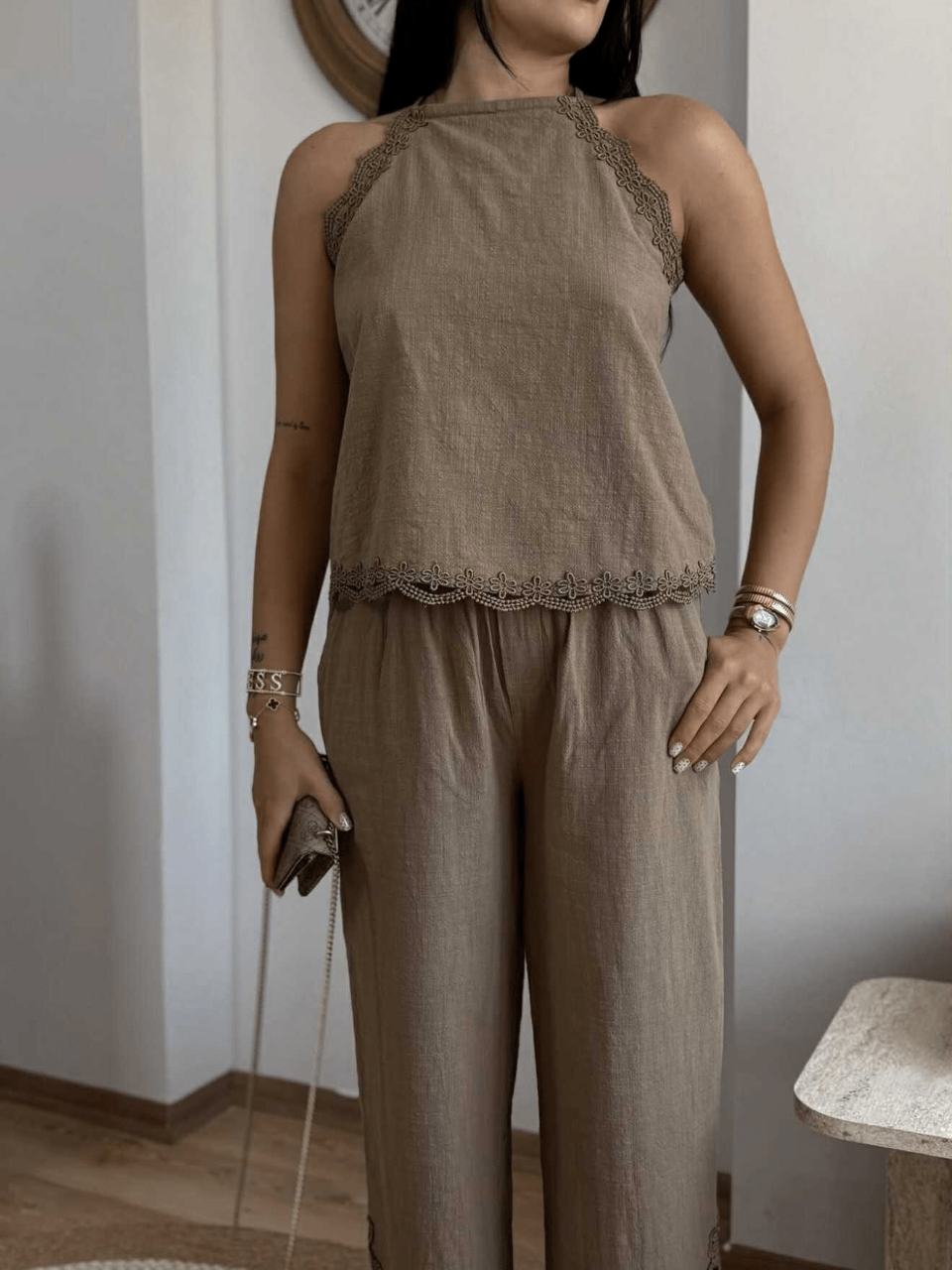 Linen-Style Lace Trim Co-Ord Set – Sleeveless Tie Blouse & Elastic Pants Brown
