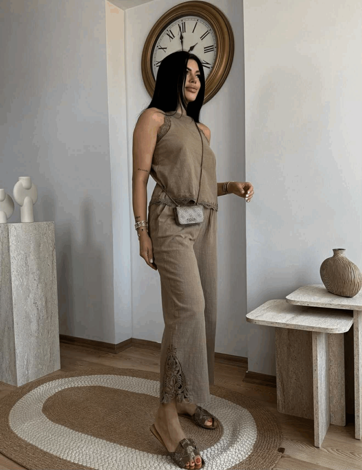 Linen-Style Lace Trim Co-Ord Set – Sleeveless Tie Blouse & Elastic Pants Brown