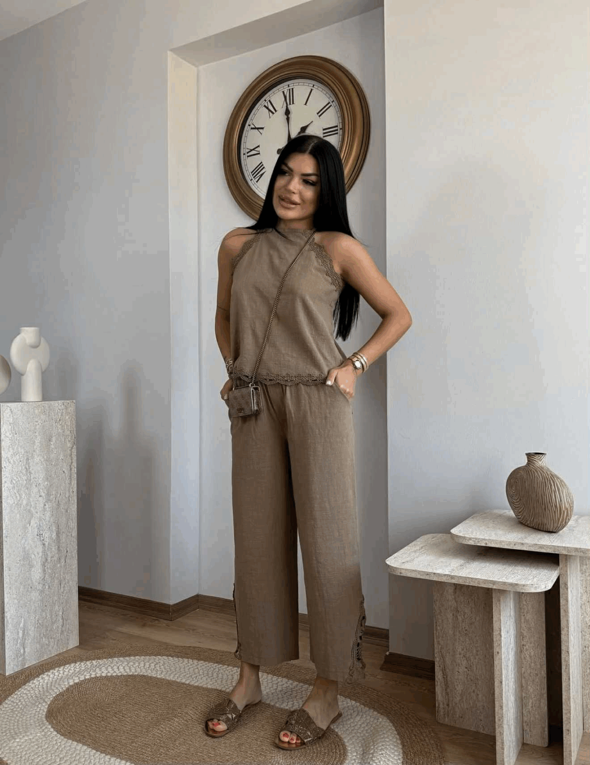 Linen-Style Lace Trim Co-Ord Set – Sleeveless Tie Blouse & Elastic Pants Brown