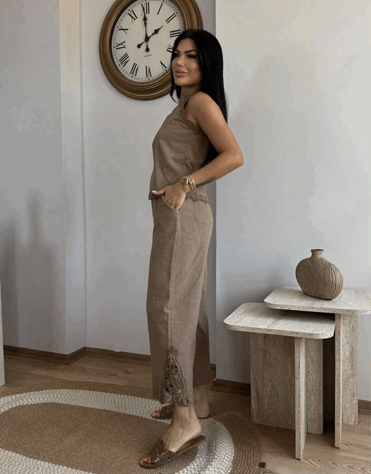 Linen-Style Lace Trim Co-Ord Set – Sleeveless Tie Blouse & Elastic Pants Brown