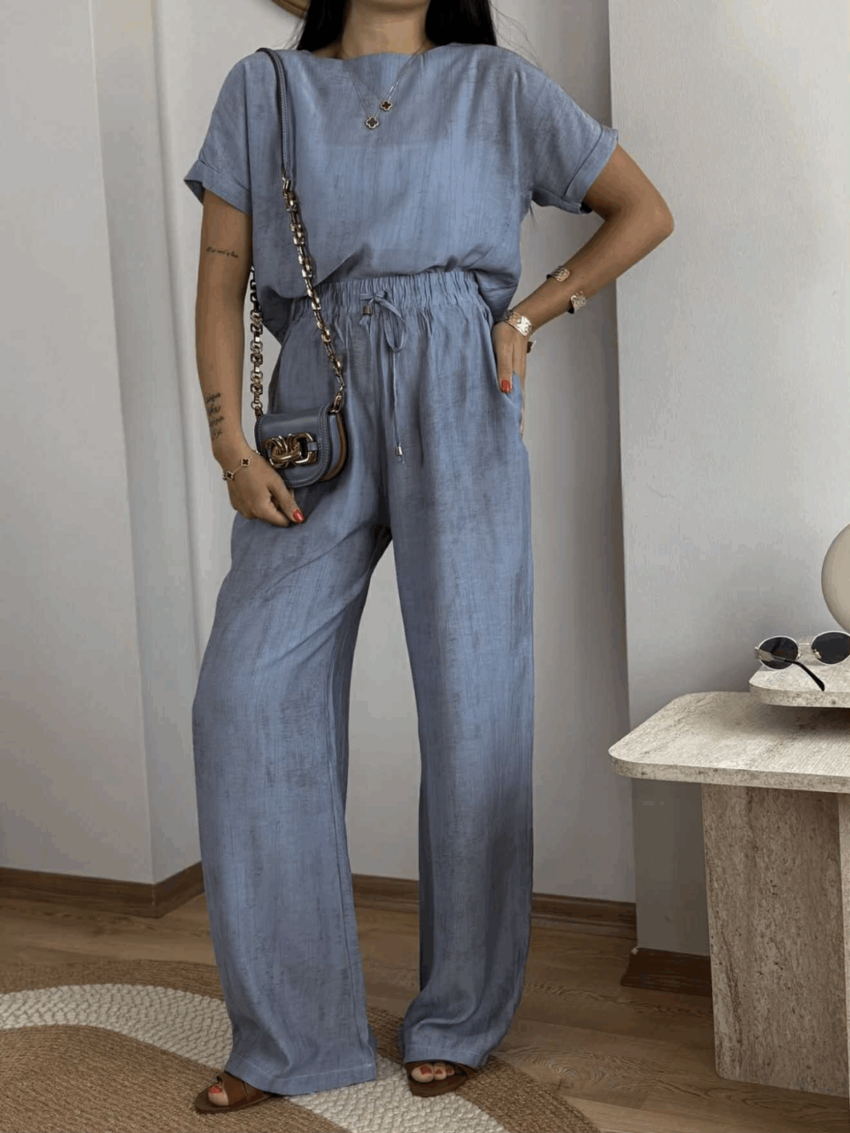 Lightweight Cotton-Blend Co-Ord Set – Boxy Top & Long Elastic Pants Blue