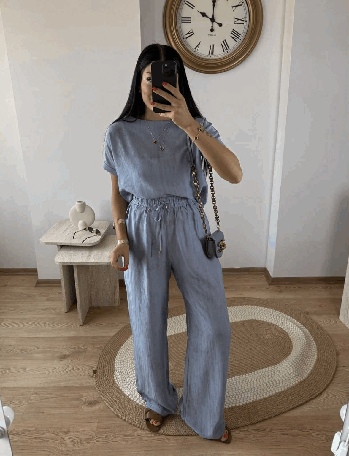 Lightweight Cotton-Blend Co-Ord Set – Boxy Top & Long Elastic Pants Blue