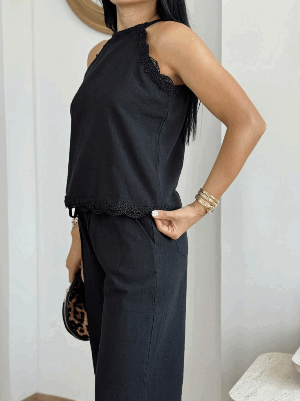 Linen-Style Lace Trim Co-Ord Set – Sleeveless Tie Blouse & Elastic Pants