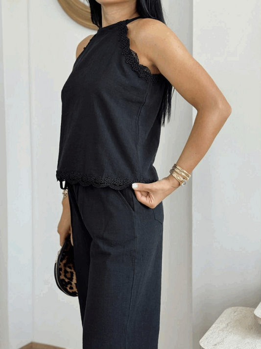 Linen-Style Lace Trim Co-Ord Set – Sleeveless Tie Blouse & Elastic Pants