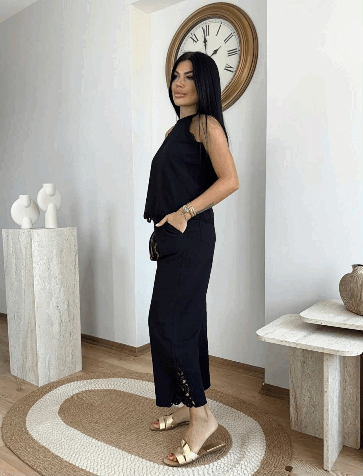 Linen-Style Lace Trim Co-Ord Set – Sleeveless Tie Blouse & Elastic Pants