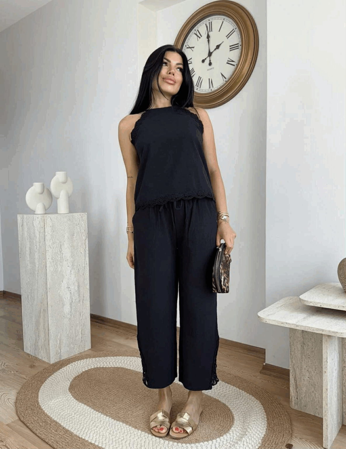 Linen-Style Lace Trim Co-Ord Set – Sleeveless Tie Blouse & Elastic Pants