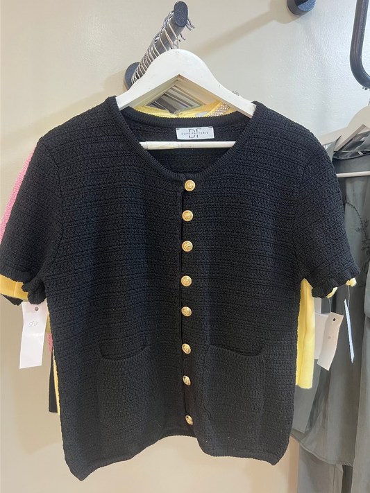 Short-Sleeve Black Knit with Gold Buttons