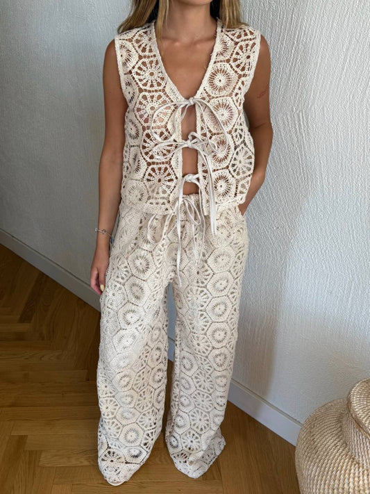 Fully Lined Crochet Pants & Sleeveless Tie Vest Set