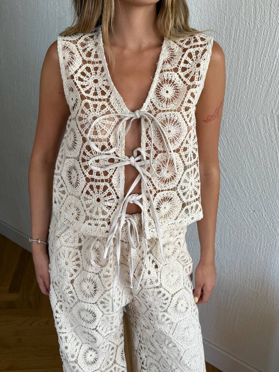 Fully Lined Crochet Pants & Sleeveless Tie Vest Set