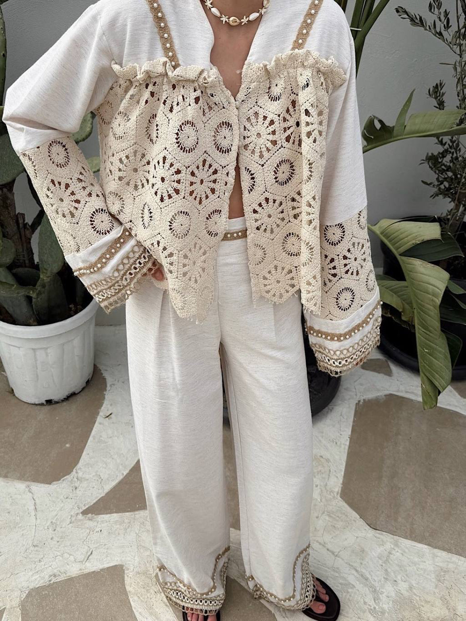 Viral Boho Crochet Statement Set – Pearl Detail Pants & Long Sleeve Top