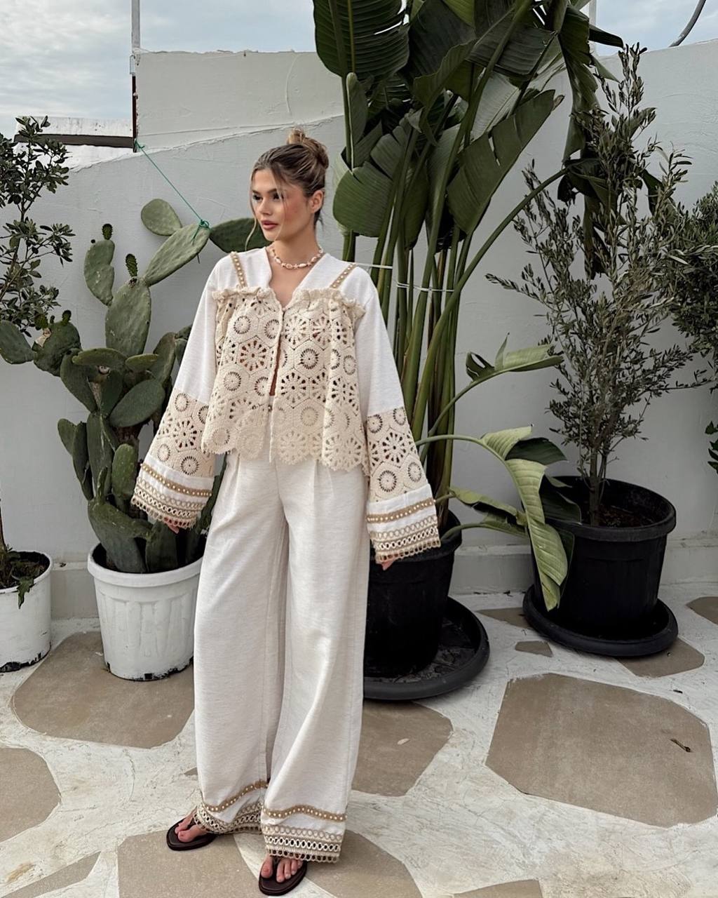 Viral Boho Crochet Statement Set – Pearl Detail Pants & Long Sleeve Top