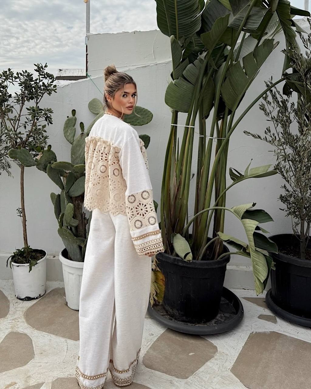 Viral Boho Crochet Statement Set – Pearl Detail Pants & Long Sleeve Top