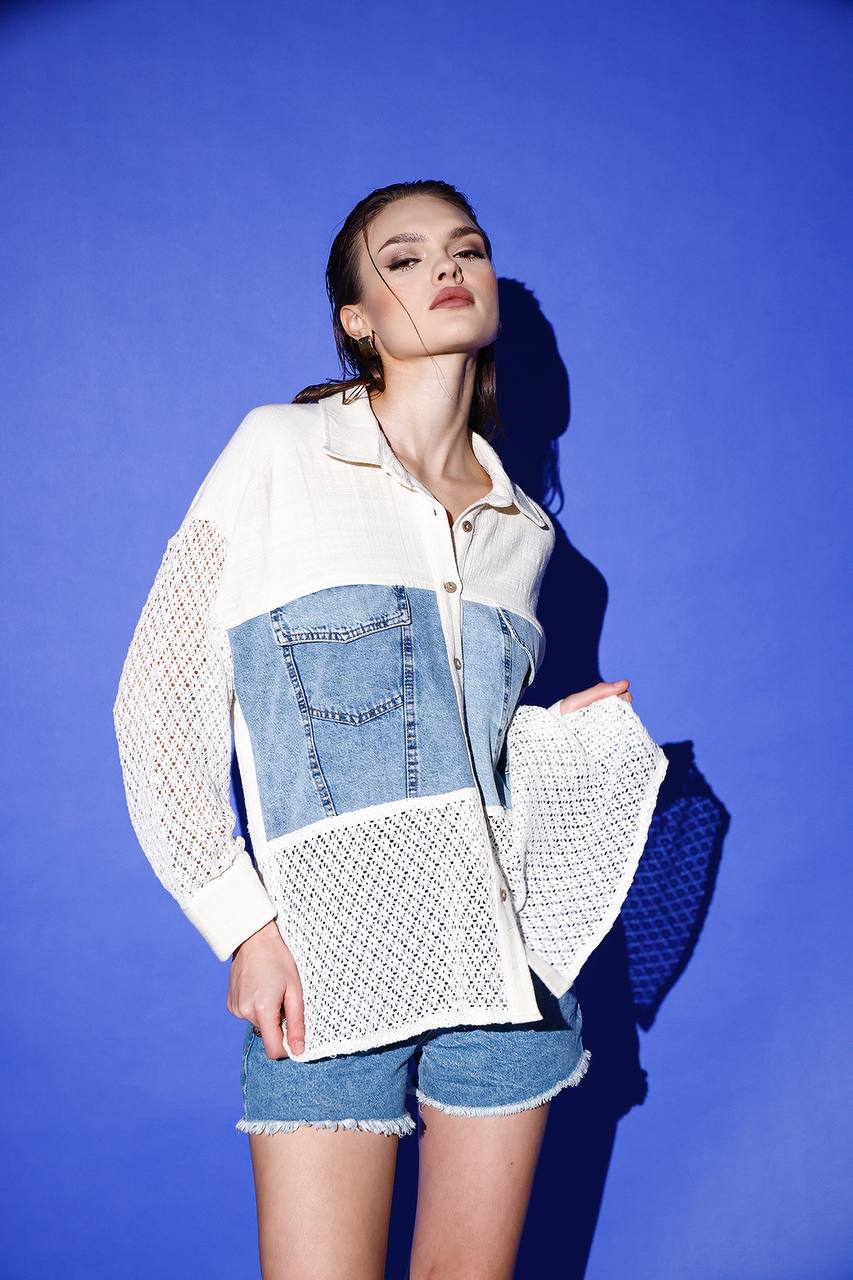 Oversized Crochet Detail Top Only Denim Pocket Detail (Pants Sold Seperately)