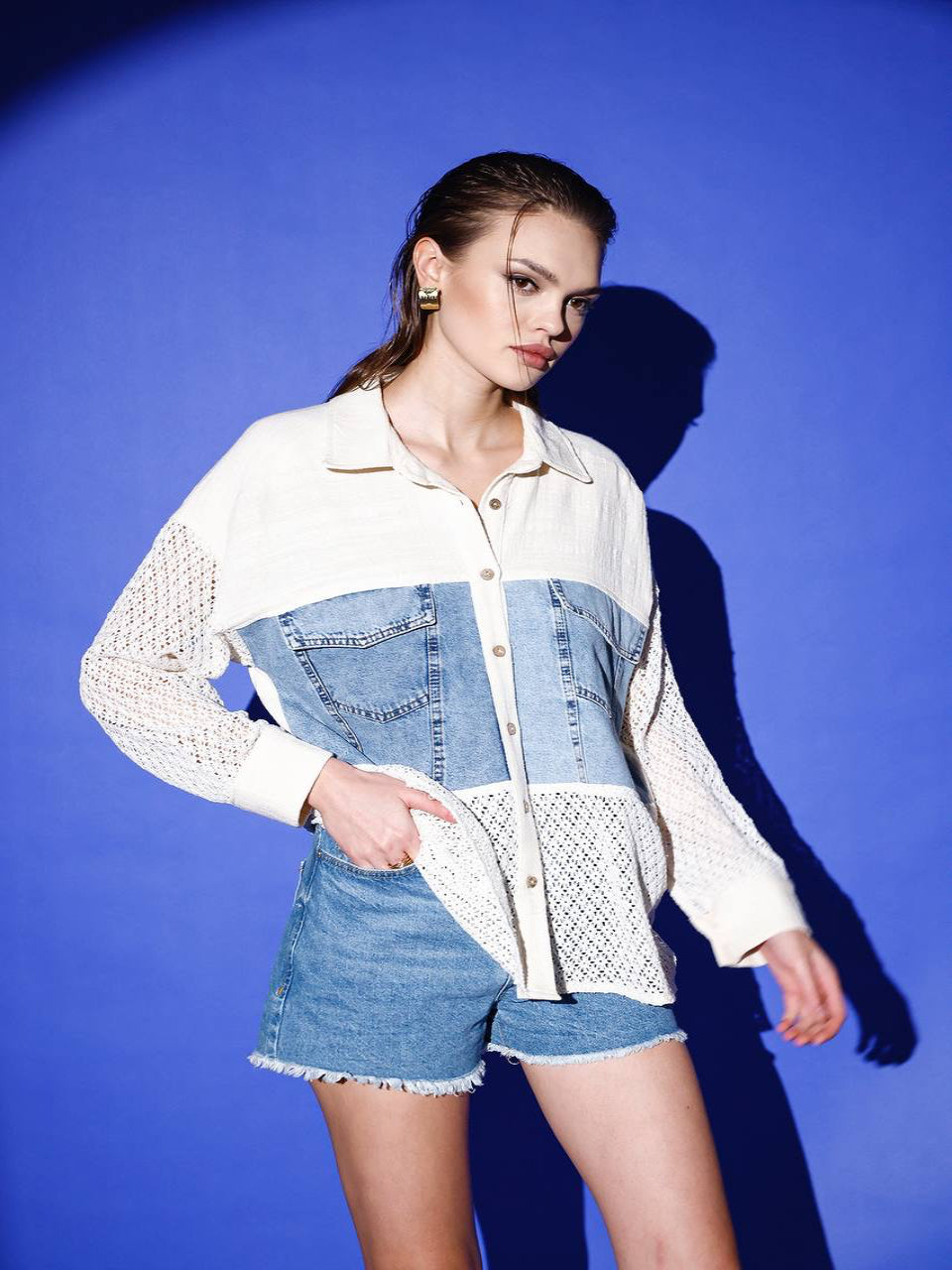 Oversized Crochet Detail Top Only Denim Pocket Detail (Pants Sold Seperately)