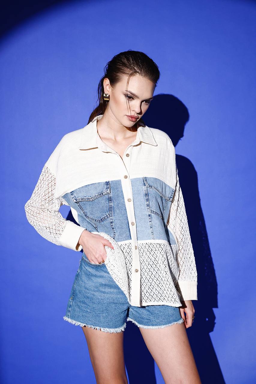 Oversized Crochet Detail Top Only Denim Pocket Detail (Pants Sold Seperately)